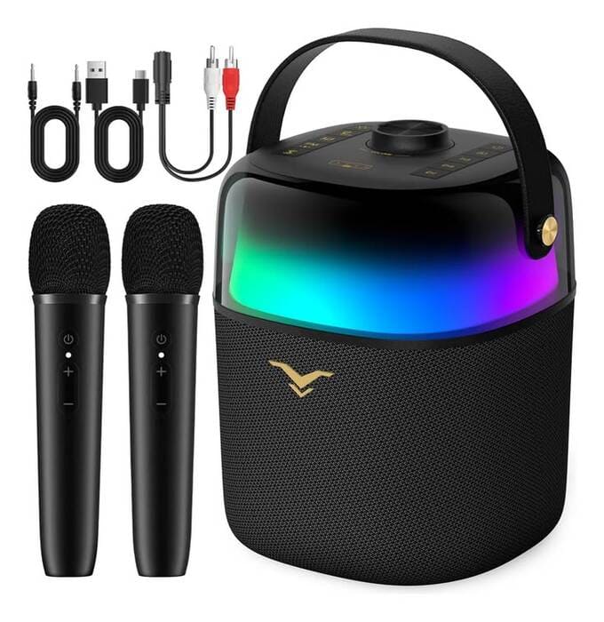 Caixa de som com microfones para karaokê